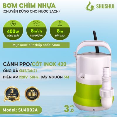 Máy Bơm Chìm Nhựa Mini ShuShui  SU4002A Chuyên Bơm Hồ Cá Dọn Bể, Bơm Nước Sinh Hoạt (Có Phao)