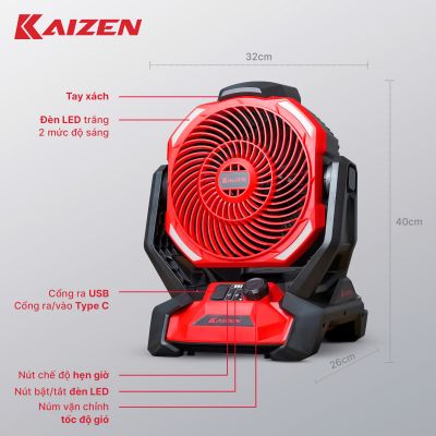 QUẠT DÙNG PIN 40W KAIZEN BẢN CAO CẤP CÓ HẸN GIỜ KZ-CF360 LINH HOẠT ĐIỆN AC/DC