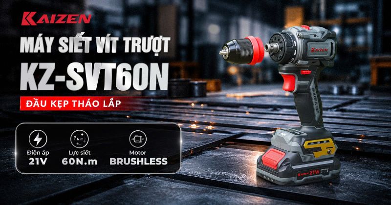 Review M&aacute;y V&iacute;t Trượt Đầu Kẹp Th&aacute;o Lắp Kaizen SVT60N: Kh&ocirc;ng chổi than, đầu kẹp th&aacute;o lắp, c&ograve; mượt, lực siết 60Nm cho thợ lắp đặt v&agrave; sửa chữa
